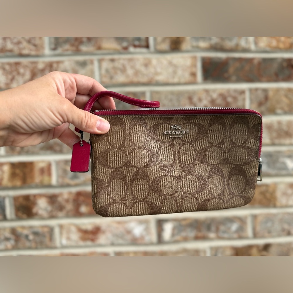 Coach Tan Wristlet with Pink Trim